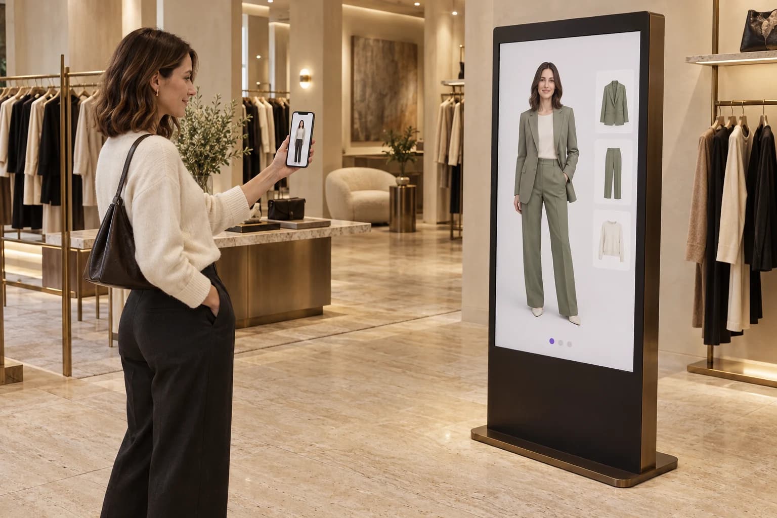 A shopper's phone avatar trying on a sage green suit on a boutique screen