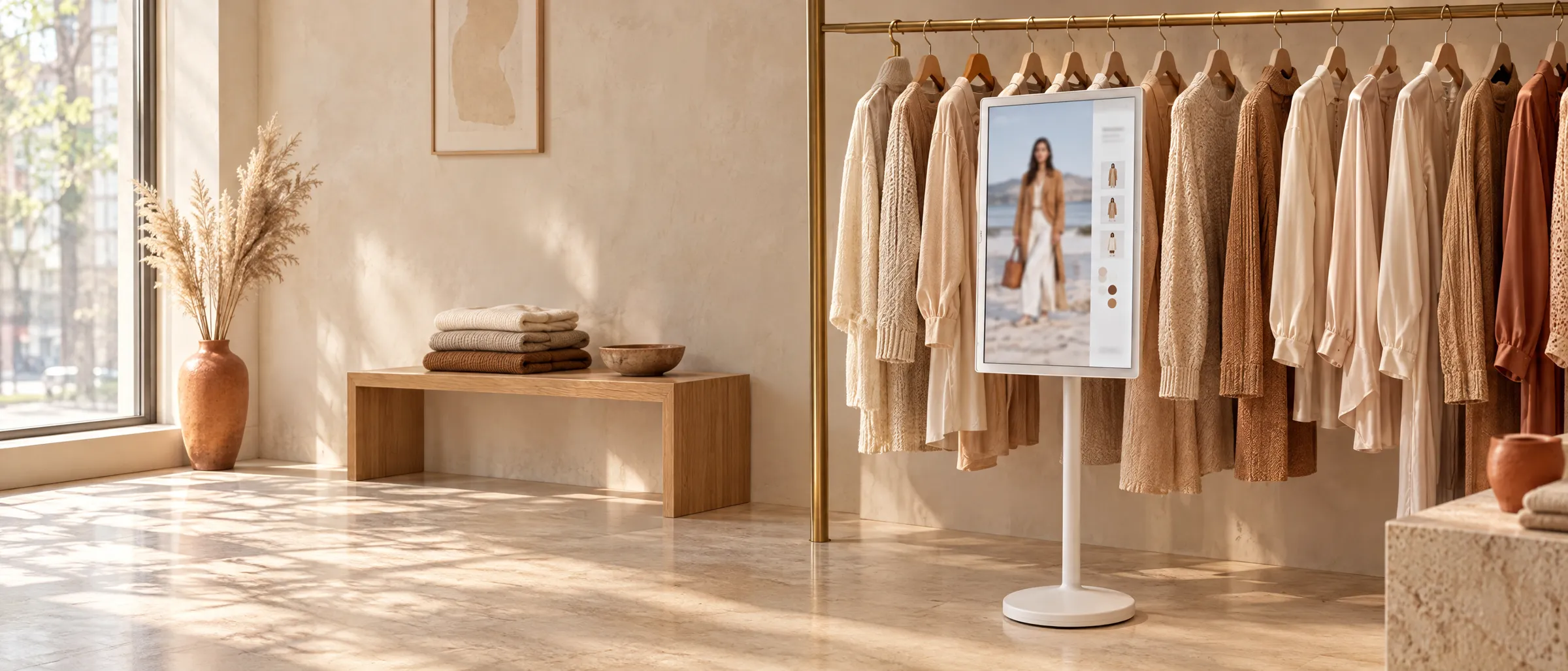 A white portrait touchscreen standing beside rails of cashmere and knitwear