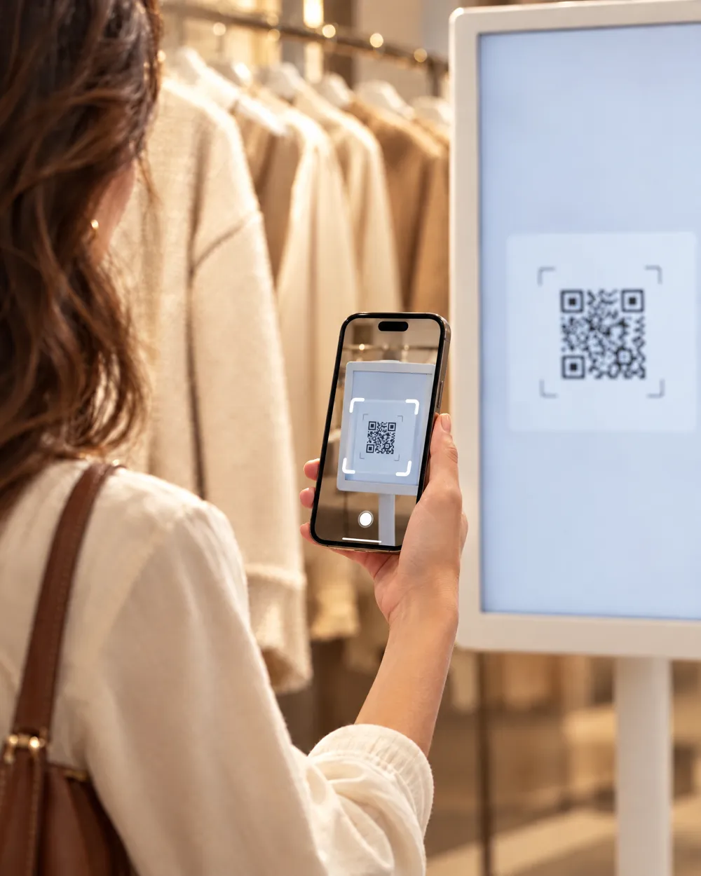 A shopper scans the QR code on the screen with her phone camera