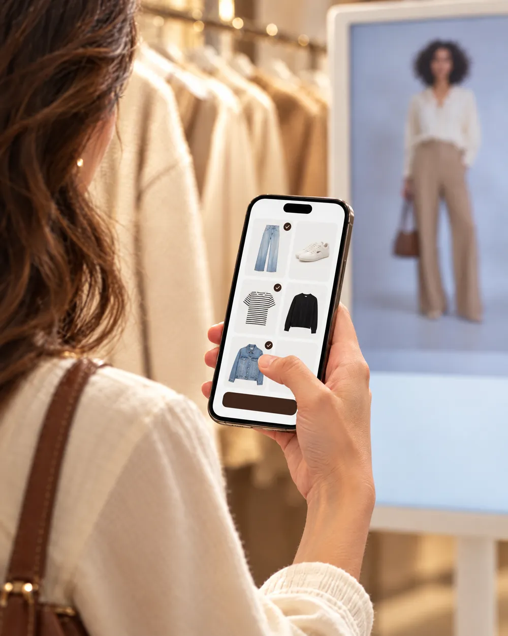 A shopper picks clothes from her Draeva wardrobe on her phone to send to the screen