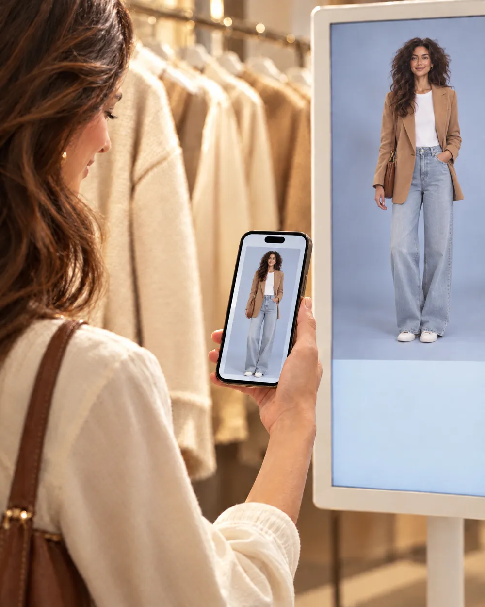 Virtual try-on result of the shopper in the boutique's blazer and her own jeans on the screen