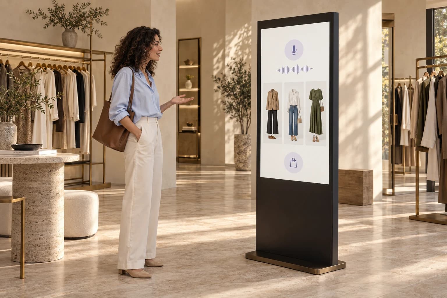 A boutique screen listening to a shopper and suggesting three outfits