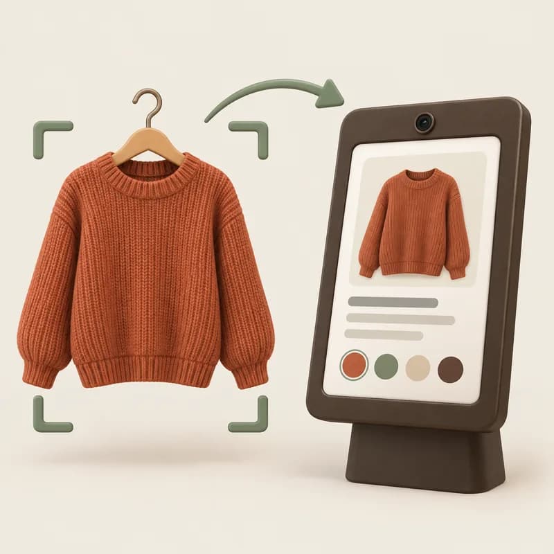 Illustration of a sweater on a hanger becoming a product card on the screen