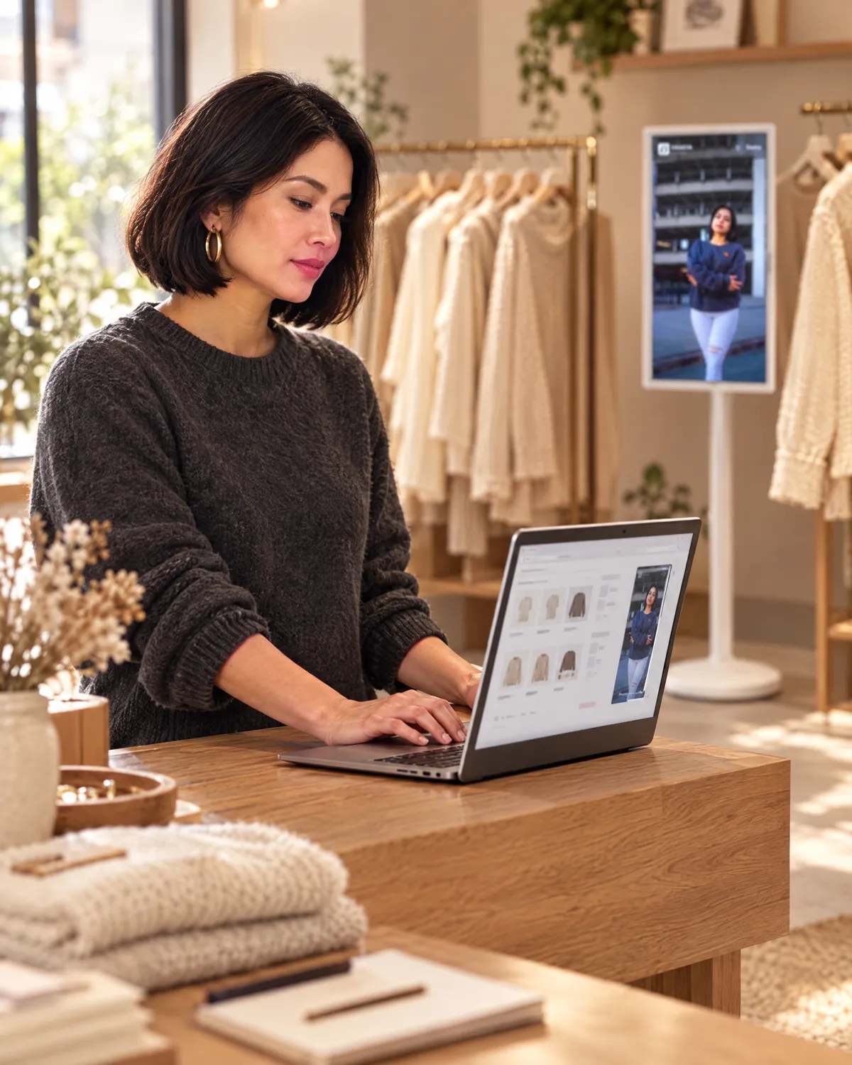 A boutique owner uses the Draeva Studio dashboard on a laptop at the counter, with the touchscreen behind her