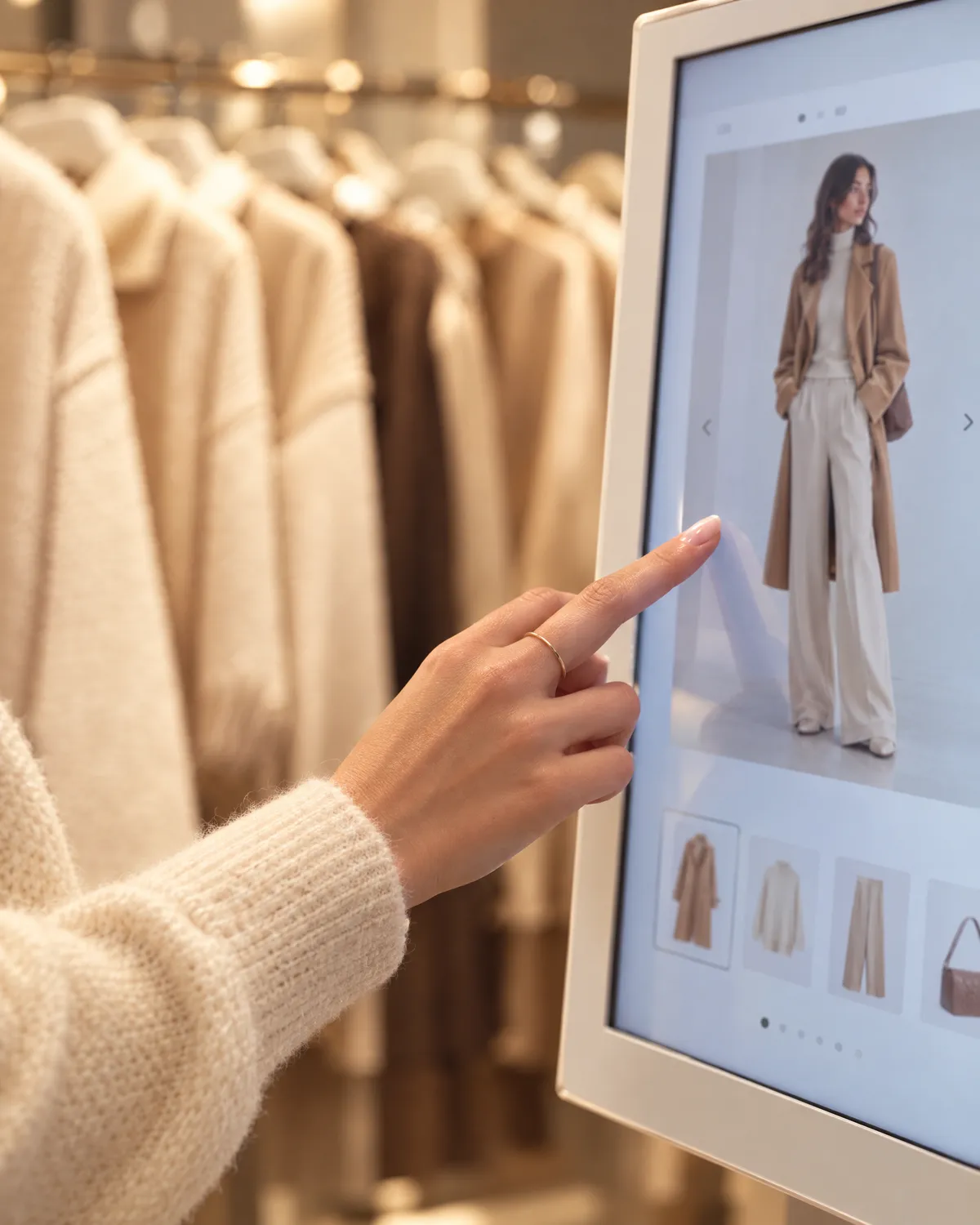 A shopper taps an outfit image on the boutique touchscreen
