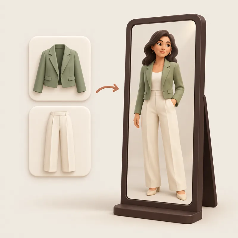 Illustration of a jacket and trousers being tried on a figure in a mirror